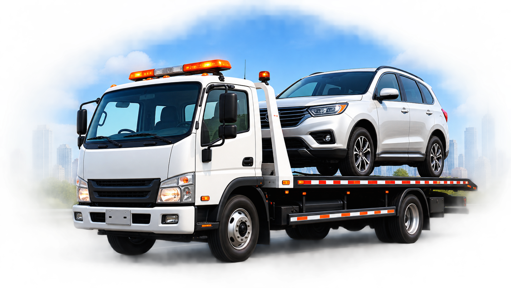 GB Car Towing Services flatbed tow truck carrying an SUV